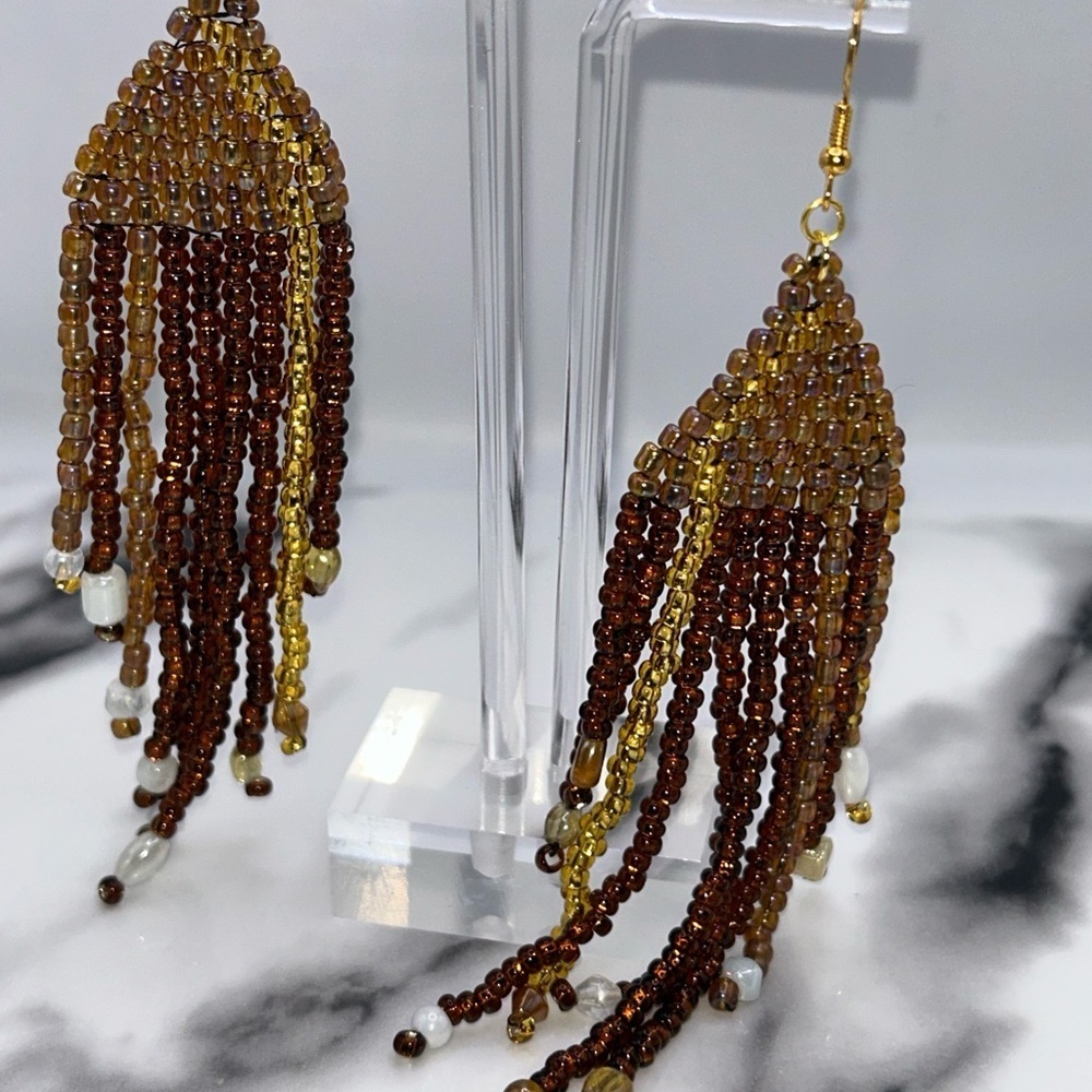 Chic Beaded Dangle Earrings in Brown and Gold